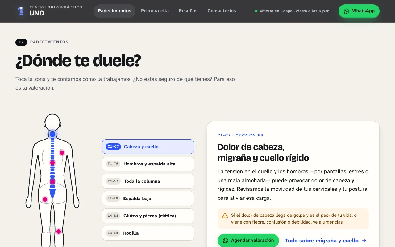 Sección interactiva ¿Dónde te duele? de la web de Centro Quiropráctico Uno