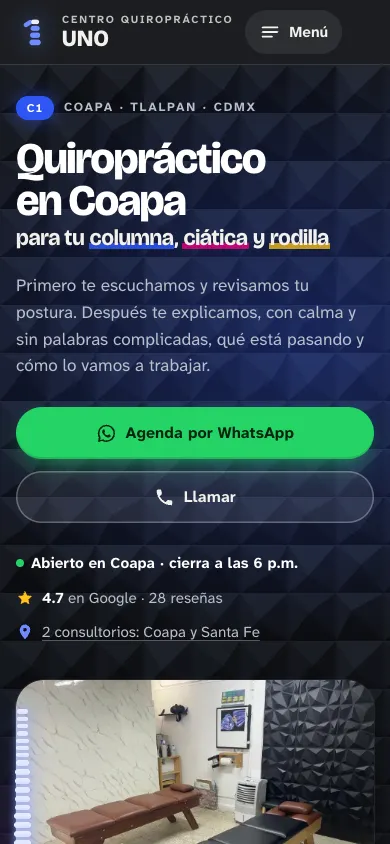 La misma web de Centro Quiropráctico Uno en un celular