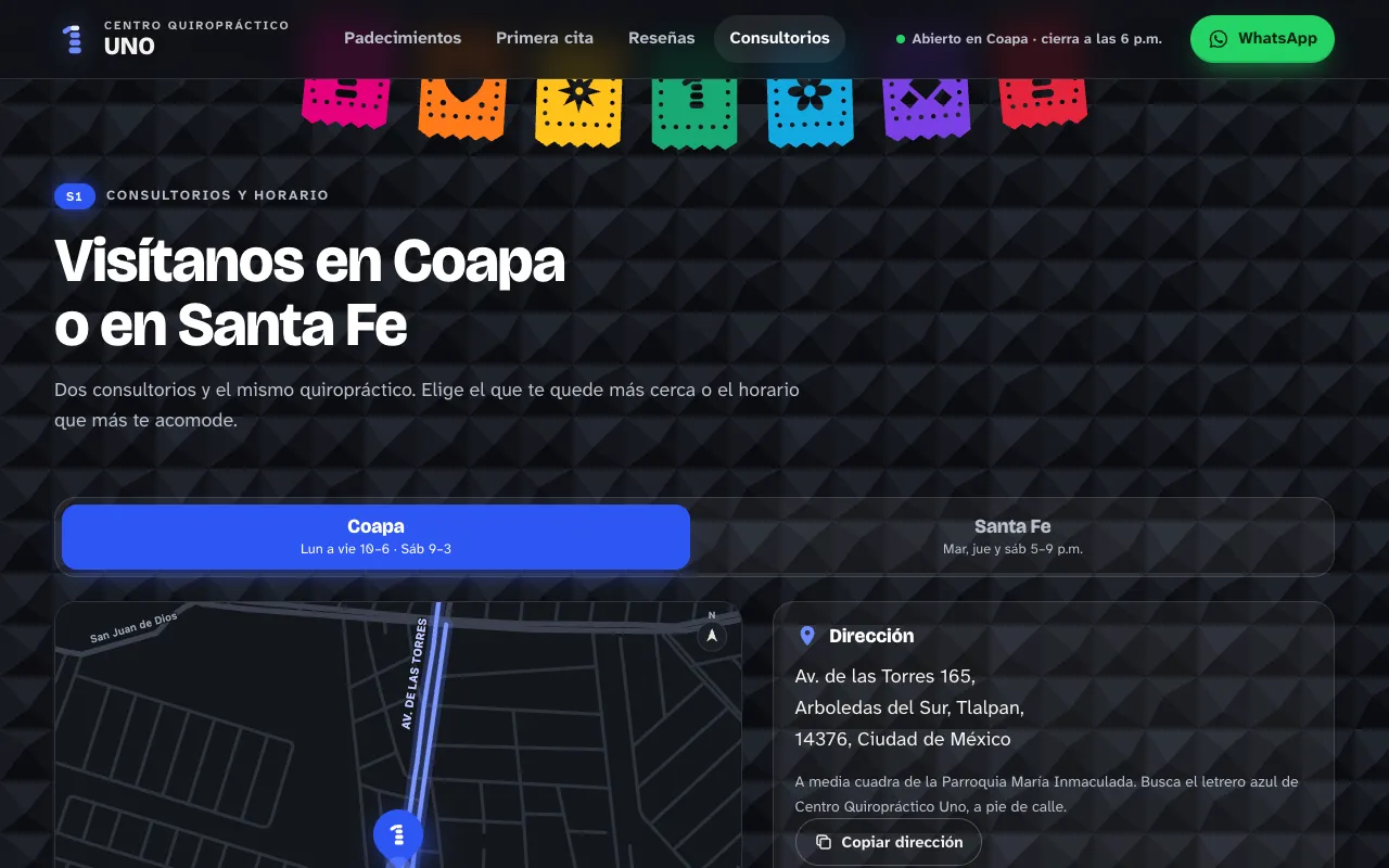 Consultorios con mapa y horario en la web de Centro Quiropráctico Uno